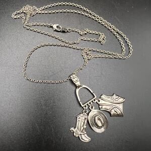 Avon 90s Necklace Western Cowgirl Charm Pendant Cowbov Hat Boots Vest silver